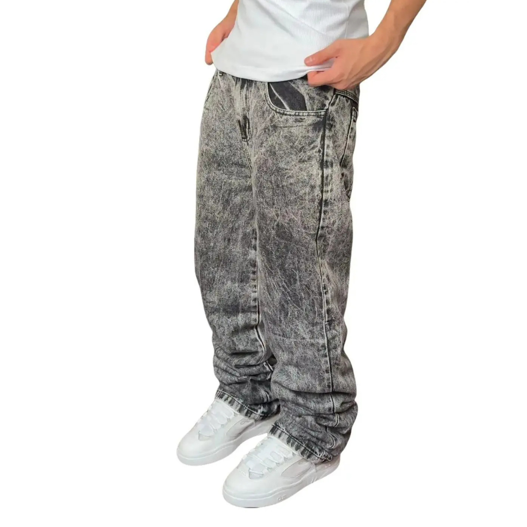Calça Jeans Balão Estonada Corte Reto Boca Larga